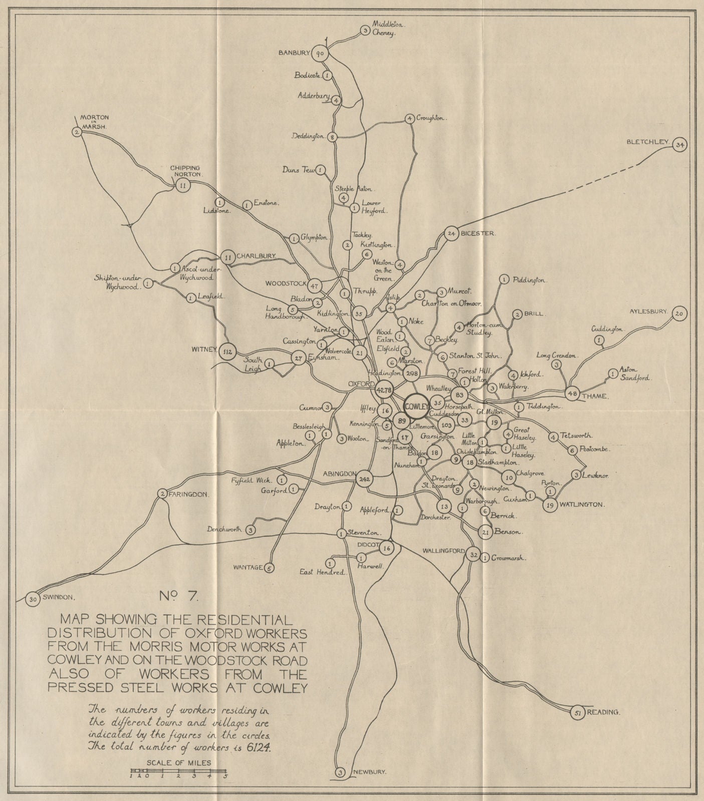 COWLEY MORRIS MOTOR WORKS. Workers' residential distribution of workers 1931 map